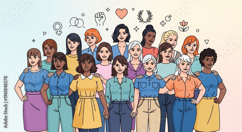 Diverse group of women standing together celebrating unity and strength.