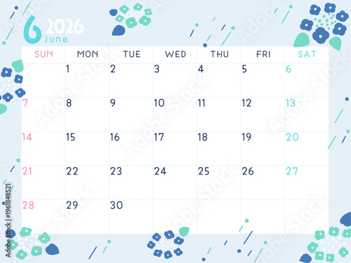 2026年6月のカレンダー　紫陽花と雨