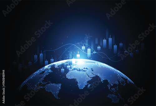 Business trading candle stick graph chart of stock market investment with global background design. Bullish point, Trend of graph. Vector illustration