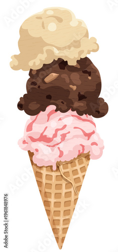 Hand Drawn Anime Style Triple Scoop Ice Cream in Waffle Cone with Strawberry Chocolate and Vanilla Flavors Isolated