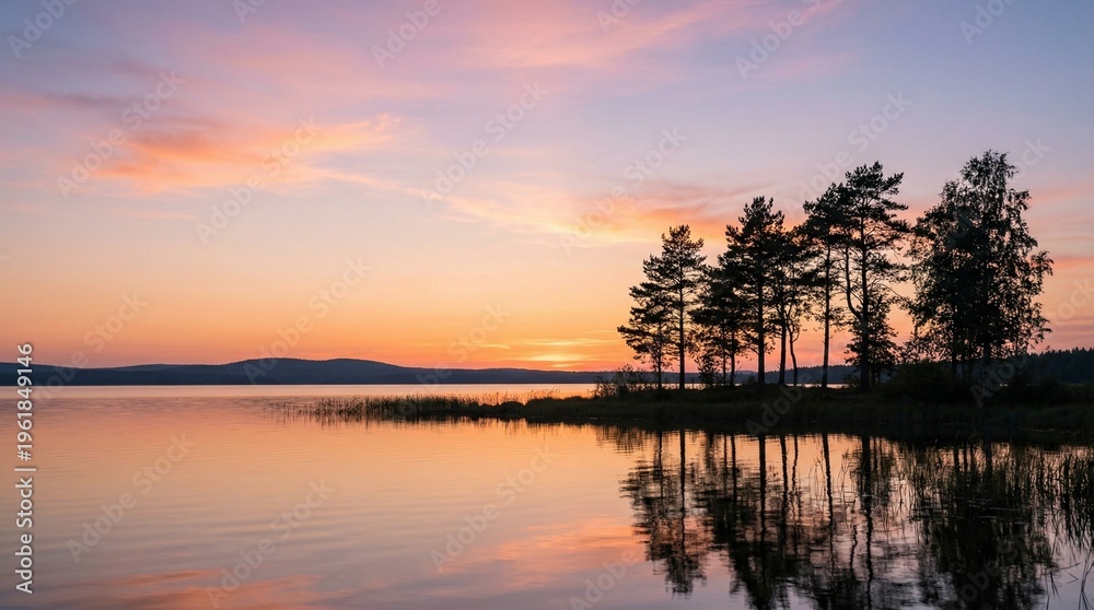 Fototapeta premium Serene lakeside sunset with silhouetted pine trees and golden reflections