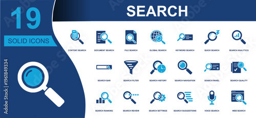 Search icon set. Containing content search, document search, file search, global search, filter, analytics, ranking, suggestions, voice search, web search and more. Solid vector icons
