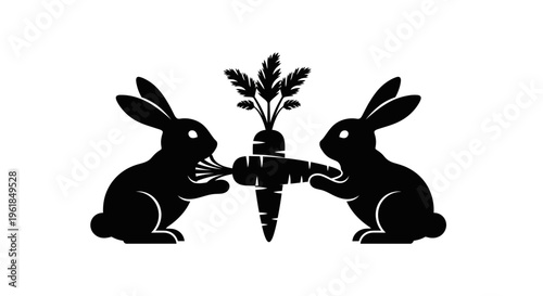 Two rabbits fighting over a carrot.