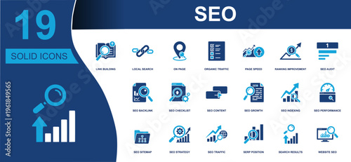 SEO icon set. Containing link building, local search, organic traffic, page speed, ranking improvement, SEO audit, backlinks, sitemap, SERP position and more. Solid fill vector icons