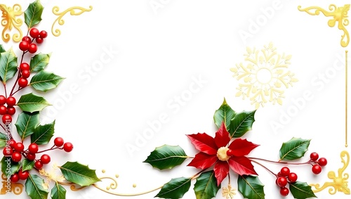 Elegant Christmas card border, gold and red holly accents, intricate snowflake details, clean space on center-left for message placement