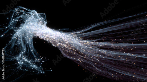 A stunning digital artwork of a woman made of sparkling particles and glowing lines against a dark background