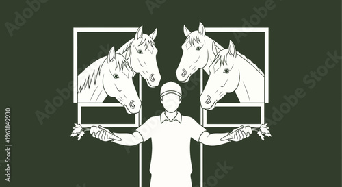 Man holding two horse heads in frames.