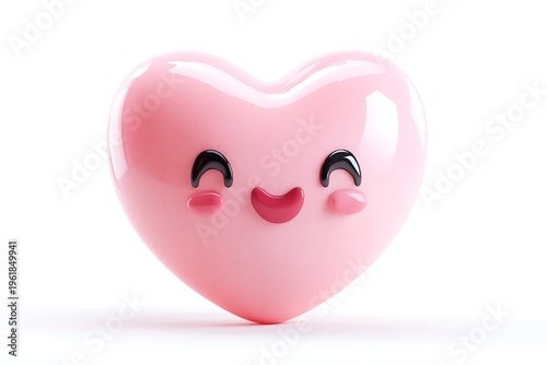 Adorable 3D pink heart with closed happy eyes and rosy cheeks isolated on white background, sweet valentine character
