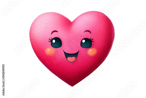 Cute 3D smiling pink heart character with big eyes on white background, happy cartoon valentine emoticon
