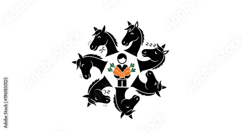 a man surrounded by multiple horse heads.