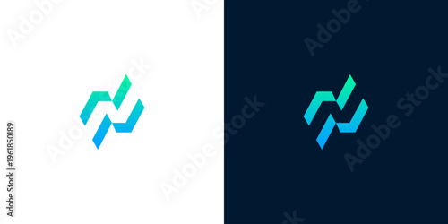 Dynamic abstract modern geometric logo design with a vibrant blue and green gradient, symbolizing connection, flow, and innovation, suitable for technology, business, or digital branding