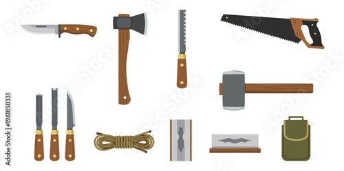 Collection of various hand tools on black background