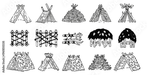Illustrated collection of hand drawn shelter structures in black and white
