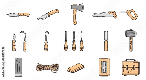 Collection of various hand tools with wooden handles on a black background