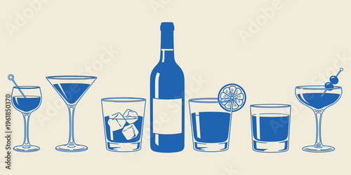 A blue and white illustration of various cocktail glasses and a wine bottle on a plain background for a bar or restaurant menu