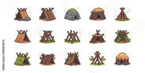 Illustrated collection of various primitive shelter designs