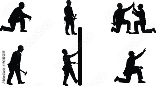 Construction worker silhouette set, manual labor poses, tool handling, teamwork action, black vector icons, kneeling and standing, isolated design, industrial job illustration