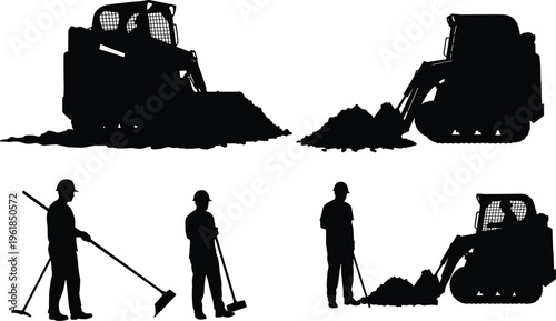 Construction workers and loaders moving soil, heavy equipment operation, industrial worksite illustration, teamwork in progress, vector silhouette for building and engineering projects