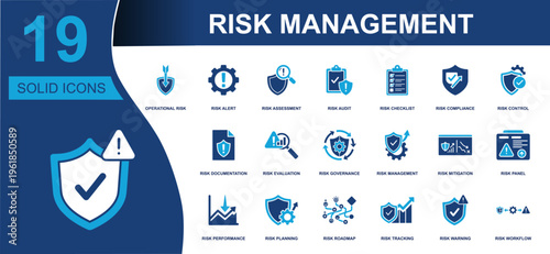 Risk management icon set. Containing operational risk, alert, assessment, audit, checklist, compliance, control, mitigation, planning, tracking, warning and more. Solid fill vector icons