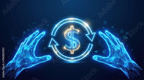 Futuristic digital money transfer concept, glowing blue wireframe hands holding dollar sign, global financial technology and online banking network