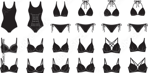 Cad drawing flat vector illustration of swimwear and lingerie silhouettes collection featuring bikini sets, one-piece swimsuits, and bras for fashion design and retail.