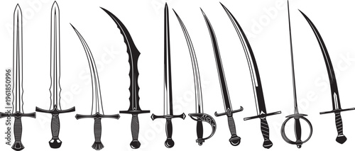 Medieval sword and dagger collection featuring various ancient blades, sabers, and fantasy weapon silhouettes for historical gaming assets, warrior equipment icons, and metalwork designs.