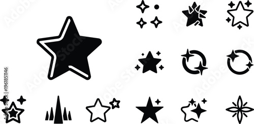 Collection of diverse star icons in various styles and designs, vector illustration