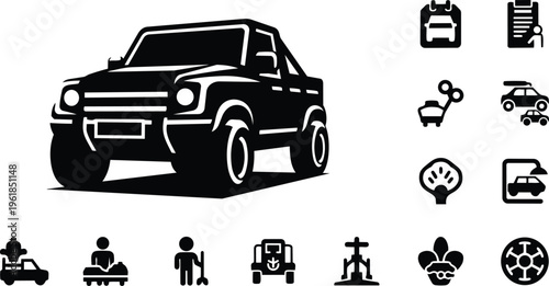 Black luxury off-road pickup truck vector illustration with flat design icons for travel, adventure, and vehicle accessories
