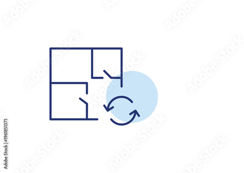 Apartment design update, plan refresh, construction renewal. Blueprint and arrows. Pixel perfect, editable stroke vector icon