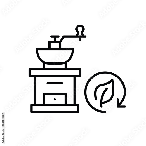 Coffee grinder, leaf and renew arrow. Sustainable food and drinks. Pixel perfect, editable stroke vector icon