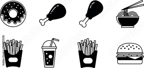 A variety of fast food and restaurant icons including donuts chicken noodles fries soda and a burger