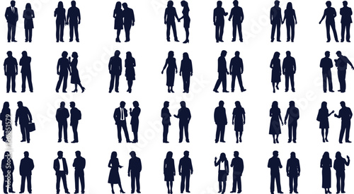 Stylized illustration of thirty pairs of people silhouettes interacting, minimal dark figures representing communication, conversation, and social connection for design and artwork concepts
