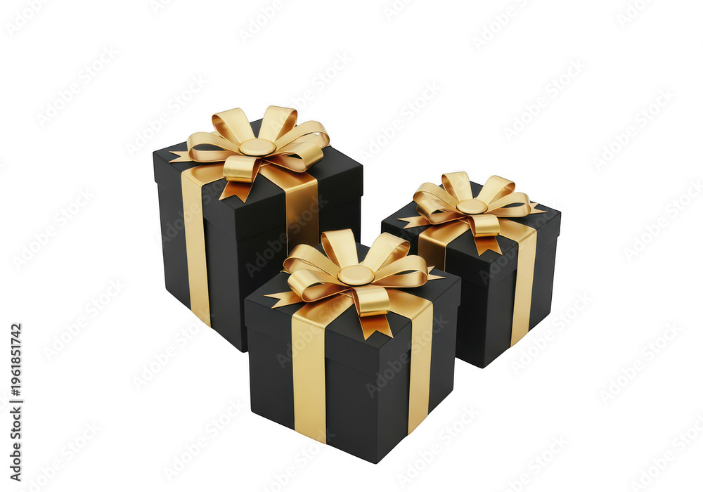 Obraz premium Three black gift boxes with gold ribbons and bows isolated on transparent background