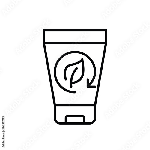 Moisturiser cream tube, leaf and renew arrow. Sustainable packaging, eco-friendly cosmetics production. Vegan cruelty free products, recyclable materials. Pixel perfect, editable stroke vector icon