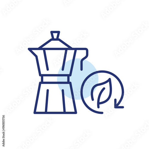 Mocha coffee pot, leaf and renew arrow. Sustainable hot drinks and packages. Pixel perfect, editable stroke vector icon