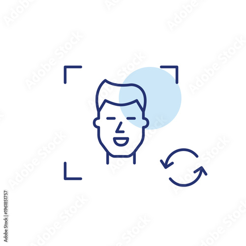 Young man user avatar and renew arrows. Face recognition, biometric update, identity refresh. Pixel perfect, editable stroke vector icon