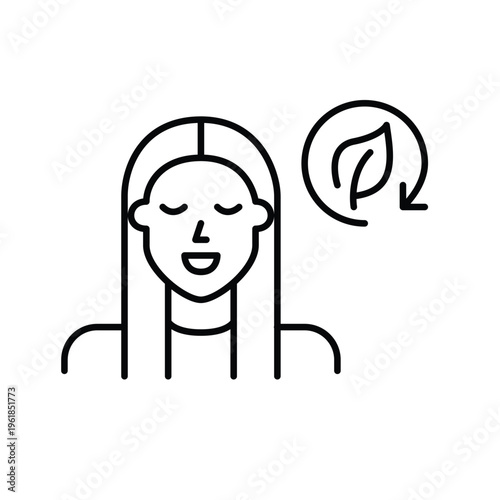 Young woman, leaf and renew arrow. Sustainable lifestyle, eco-friendly forum user and activist. Pixel perfect, editable stroke vector icon