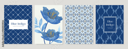 Indigo blue botanical Card Invitation, floral invite thank you, rsvp modern card Design in leaf and flower water color texture decorative Vector elegant rustic template