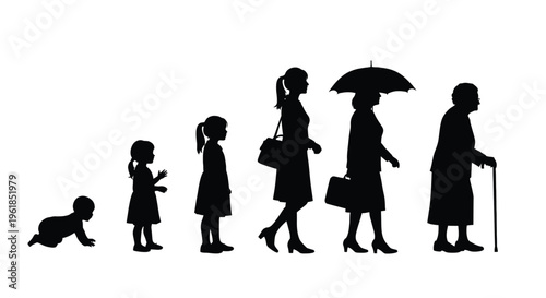 Silhouette sequence visually illustrating the complete female life cycle progression from infancy through childhood adolescence young adulthood middle age and into advanced seniority.