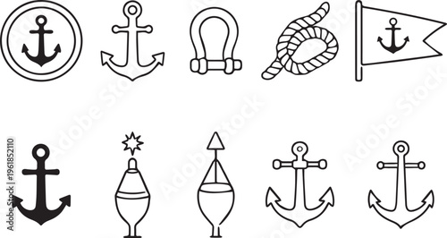 nautical icon set, maritime symbol pack, anchor icons, sailing icons, buoy and rope,  naval equipment, marine graphics, anchor flag icons, shackle and rope, sea and ocean icons, marine tool assets    
