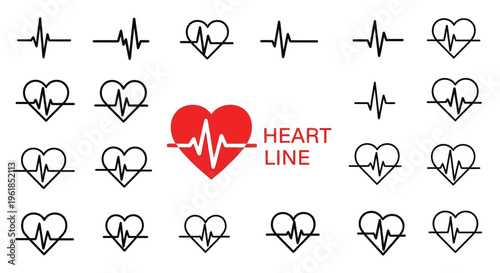 This comprehensive collection features various black outlined heart icons, each intricately incorporating a dynamic electrocardiogram or heartbeat line, symbolizing health, medical monitoring, and vit