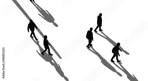 An evocative overhead view captures multiple human figures rendered as stark black silhouettes, each casting a long, dramatic shadow, walking purposefully across a pristine white background, creating 