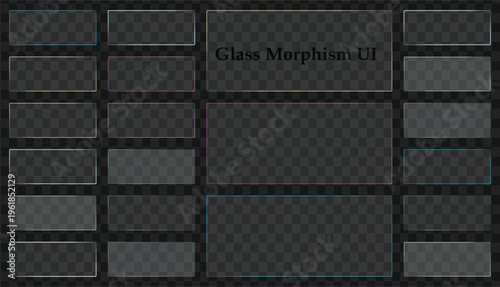 Collection of various translucent glass mophism UI elements and shapes with subtle colorful borders isolated on transparent background
