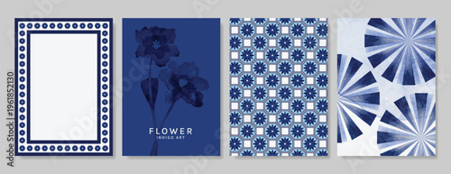 Indigo blue botanical Card Invitation, floral invite thank you, rsvp modern card Design in leaf and flower water color texture decorative Vector elegant rustic template