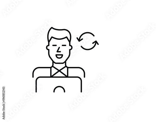 Man working at laptop and renew arrows. Digital workflow renewal, business cycle, productivity rotation. Pixel perfect, editable stroke vector icon