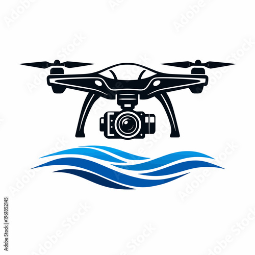 A black silhouette of a drone with an attached camera flying above stylized blue waves, symbolizing aerial photography over water.