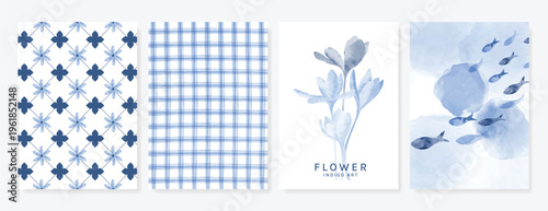 Indigo blue botanical Card Invitation, floral invite thank you, rsvp modern card Design in leaf and flower water color texture decorative Vector elegant rustic template