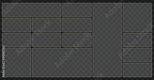 Organized grid layout with multiple empty rectangular and rounded frames for content placement isolated on transparent background