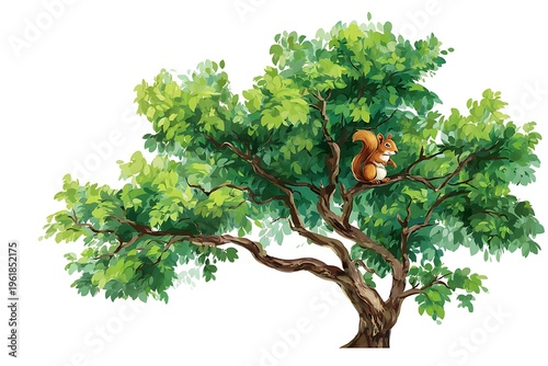 Cute squirrel sitting on a green leafy tree branch isolated on white background, nature clip art
