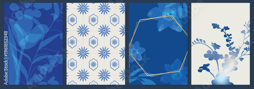 Indigo blue botanical Card Invitation, floral invite thank you, rsvp modern card Design in leaf and flower water color texture decorative Vector elegant rustic template